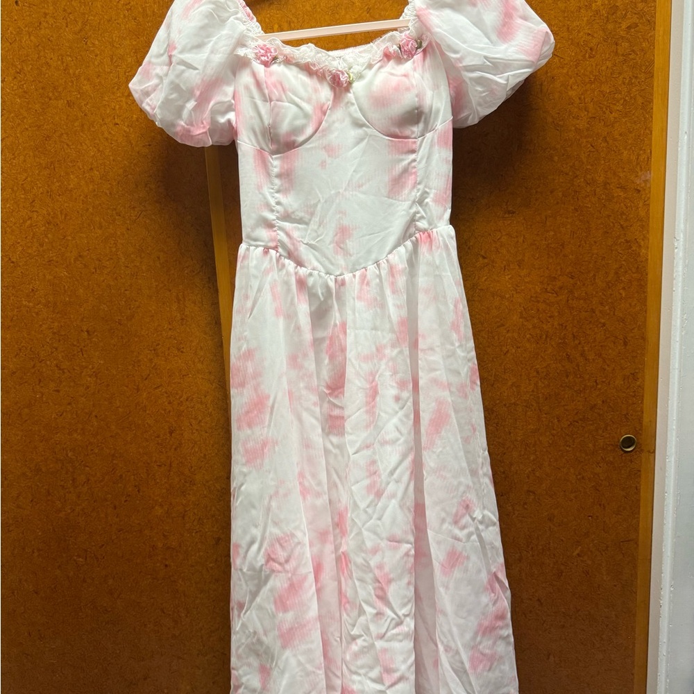 Girls' Pink Tie-Dye Puff Sleeve Dress